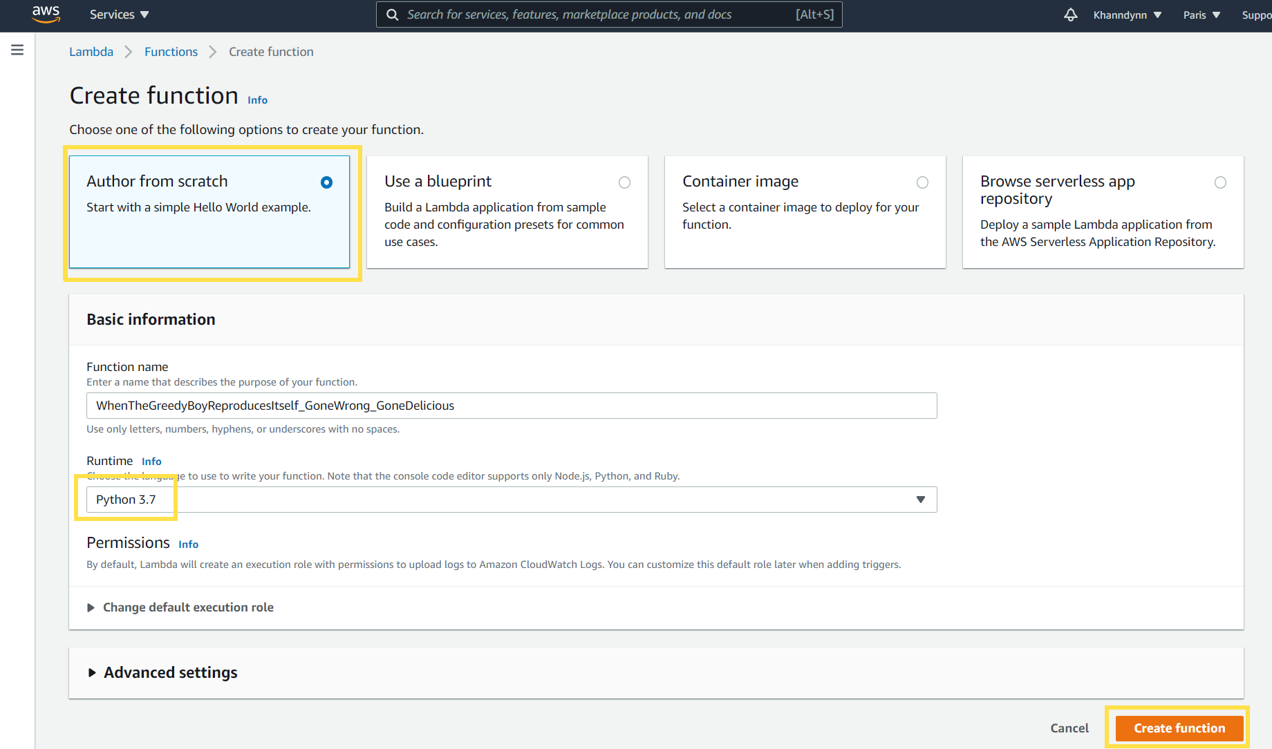 Click on **Author from scratch**, pick **Python 3.7** in the **Runtime list** and click on **Create function**